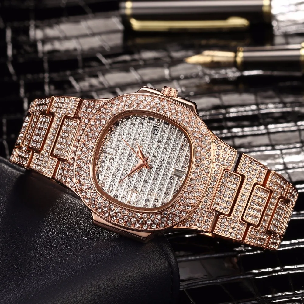 

2019 Best seller Mens Watches Fashion Diamond Quartz Watch Men Gold Stainless Steel Leisure Mens Watches Top Brand Luxury clock