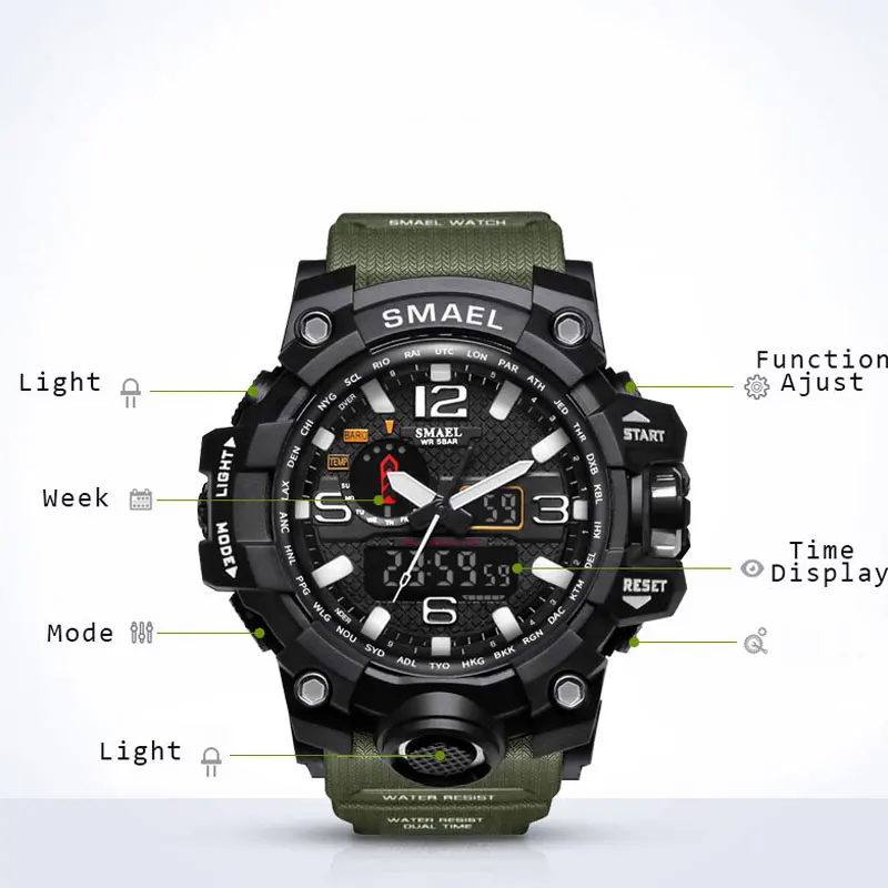 SMAEL Watches Men Big Dial Electronic Dual Display Wristwatches Military Alarm Quartz Clock Man Sports Watch 1545 montre homme