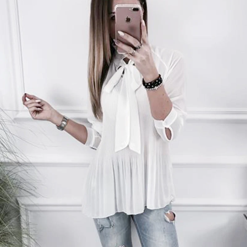 Модная повседневная женская шифоновая футболка с длинным рукавом и оборками, на шнуровке, с бантом, однотонная, розовая, белая, женская футболка, весенняя одежда