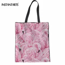 INSTANTARTS Fashion Brand Woman Linen Shopping Tote Bag Cute Animal Flamingos Printing Female Eco Bags Big Foldable Reusable Bag