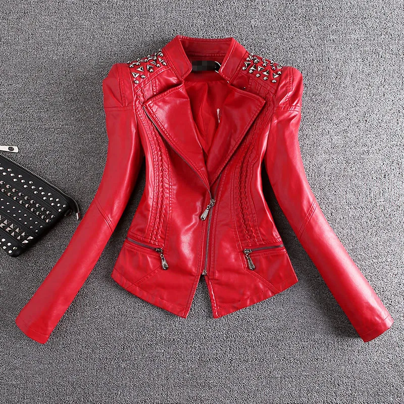 

WERTUIOP New Spring 2019 Women Leather Jacket Large Size 3XL Short Slim Women Coat Diamond Rivet Female Clothing Outerwear Red