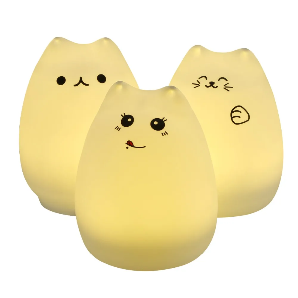 

Creative Cute Cat LED Children Kids Baby Night Light Lamp Multicolor Silicone Soft Nursery Sensitive Tap Control Bedside Lamp