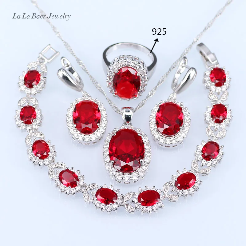 

L&B Silver color Red created Garnet Cubic Zircon Jewelry Sets Long Drop Earrings Pendant Necklace Ring Bracelet For Women