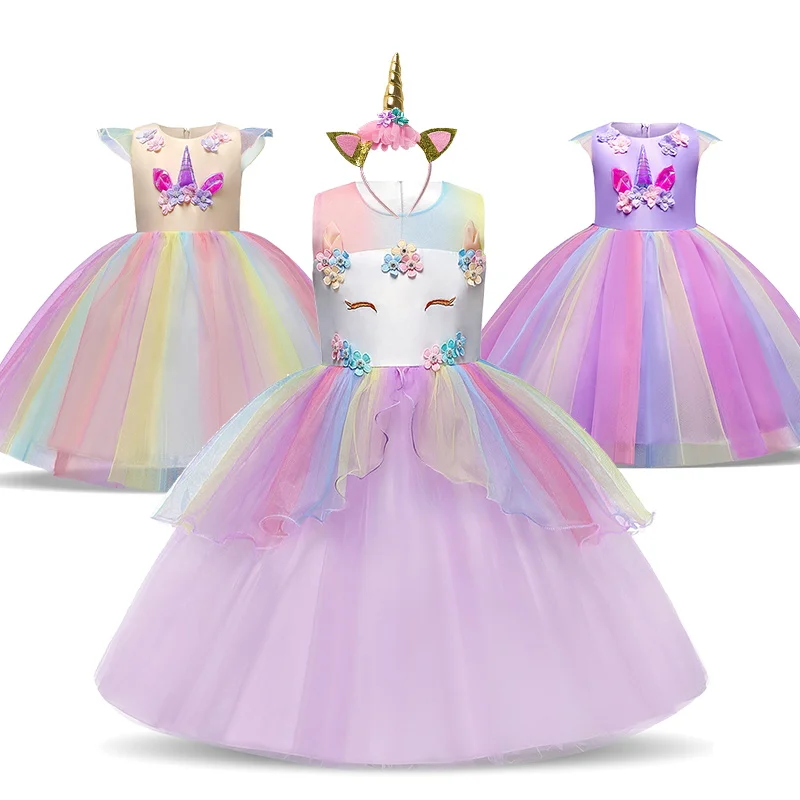 

Kids Unicorn Dresses for Girls Appliques Flower Princess Dress Baby Girl Halloween Party Costumes Children Christmas Clothing