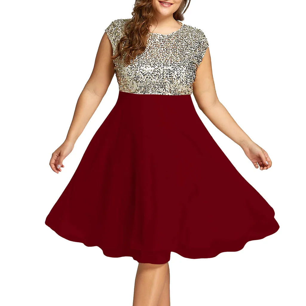 

SAGACE Fashion Women Plus Size O-Neck Solid Sleeveless Zipper Chiffon Sequined dress Summer sexy Princess dress travel July 13