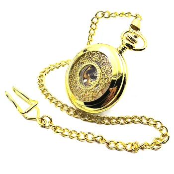

Hollow Golden Case White Dial Roman Number Skeleton Hand Winding Mechanical Analog Mens Pocket Watch w/Chain Half Hunter Watch