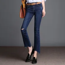 FOKINOFE Elastic High Waist Ankle Length Boot Cut Woman Jeans Torn Edges Wide Leg Jeans 2017 Plus Size Woman Jeans
