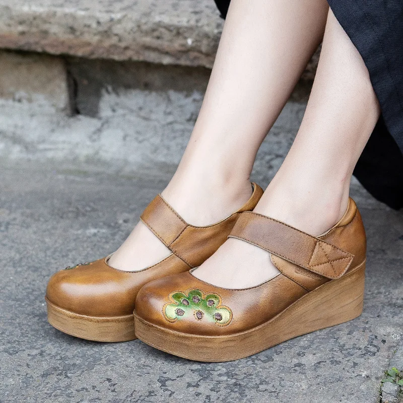 

Women Leather Pumps Embroidery 6 CM High Heels Wedge Shoes Spring 2019 Retro Pumps Mary Jane Shoes Handmade Women Brand Heels