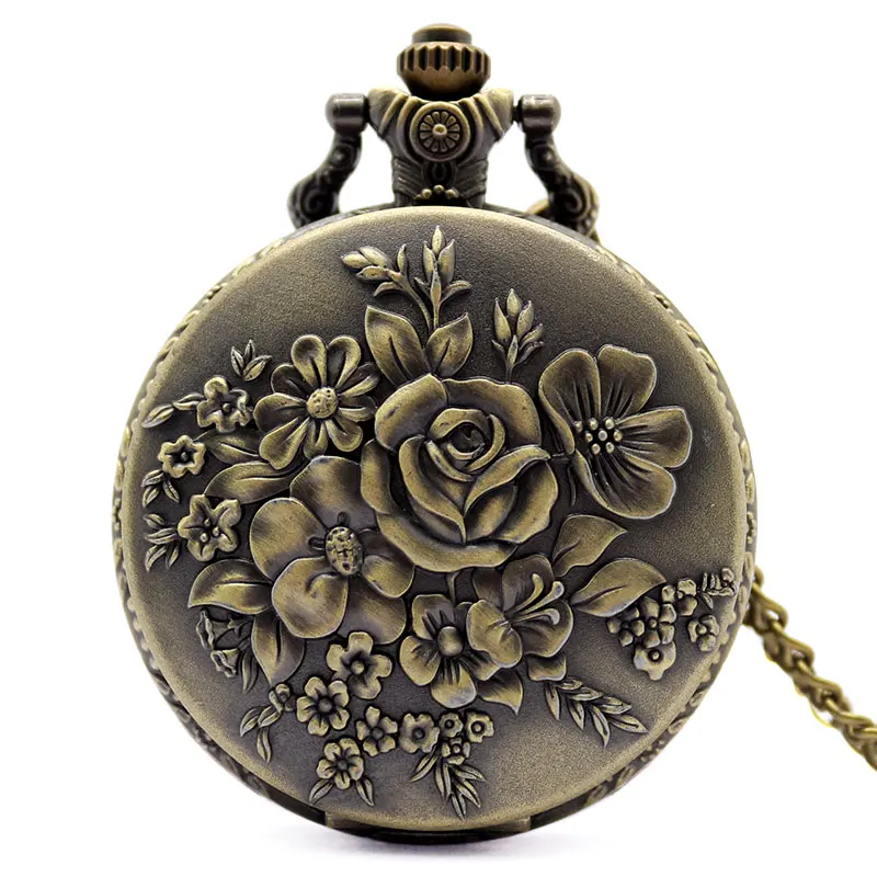 Elegant Retro Bronze Bloom Flowers Women Quartz Pocket Watches Pendant for Ladies Vintage Fob Necklace Chain Clock Best Gifts