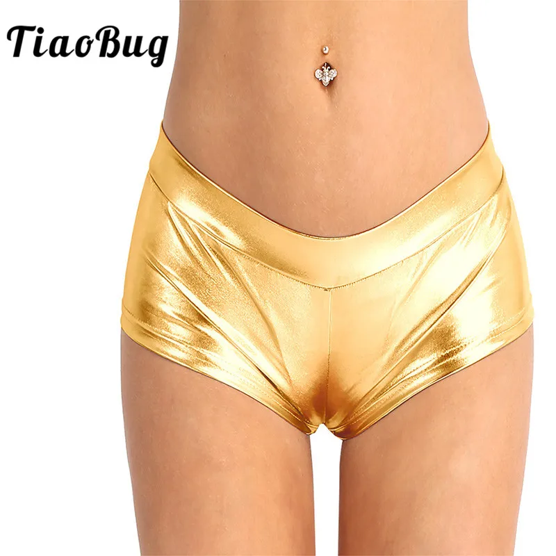

TiaoBug Women Fashion Shiny Faux Leather Low Waist Hot Shorts for Dancing Rave Festival Costumes Femme Hotpants Clothes