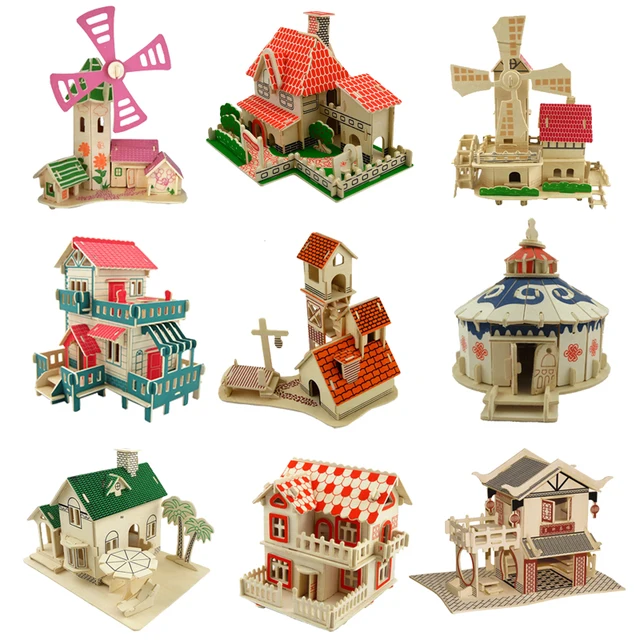 3D wooden puzzle building model wood house villa windmill architecture