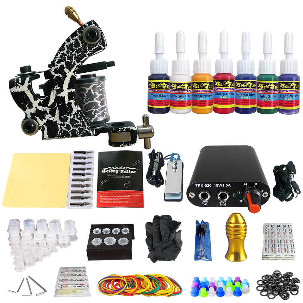 

Solong Tattoo Complete Beginner Tattoo Kit 1 machine Gun 7 Color Inks Power Supply Grips Foot Petal Needles Set TK105-76