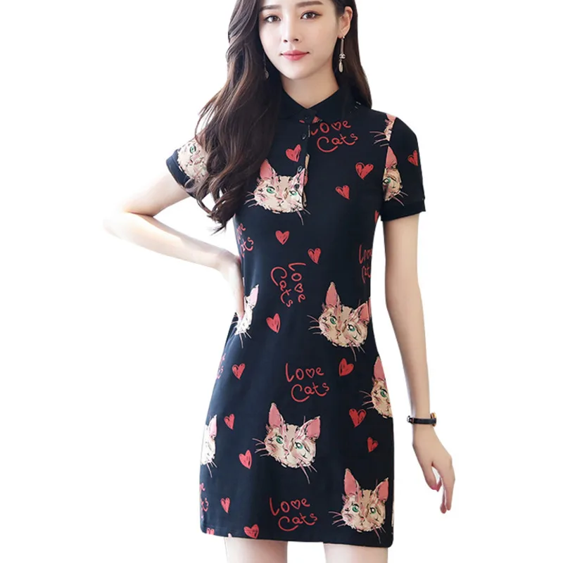 

Fashion Cartoon Cat Print Mini Dress Summer Women Harajuku Shirt Dresses New Hot Short Sleeve Sweet Bodycon Vestidos Mujer Dress