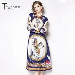 Trytree сезон: весна–лето платье Элегантные линии Женщины О-образным вырезом печать Кнопка рубашка платья до середины икры Повседневное