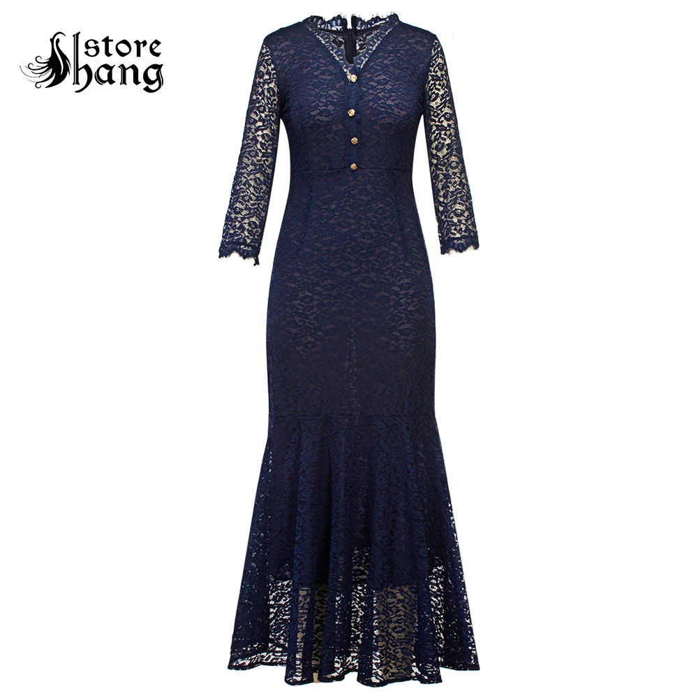 

Sexy Mermaid Dress Vintage Lace Party Dress Long Sleeve V Neck Button Front Tulle Floral Lace Elegant Long Dress Evening Gown