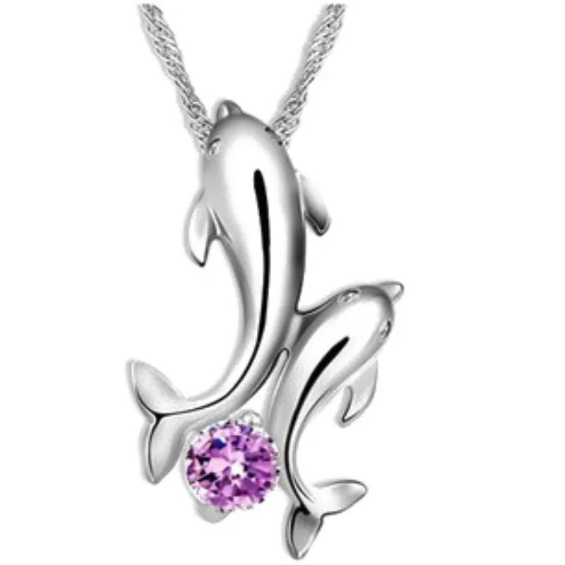 

Lucky Double Dolphin Pendant Necklace Cute Crystal Bead Plated Suspension Chain Fashion Women Jewelry 6 Colors choker!