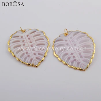 

BOROSA 5/10PCS New Arrival Hollow Leaf Shape Gold Electroplated Natural White Shell Pendant Bead for Necklace Jewelry G1745