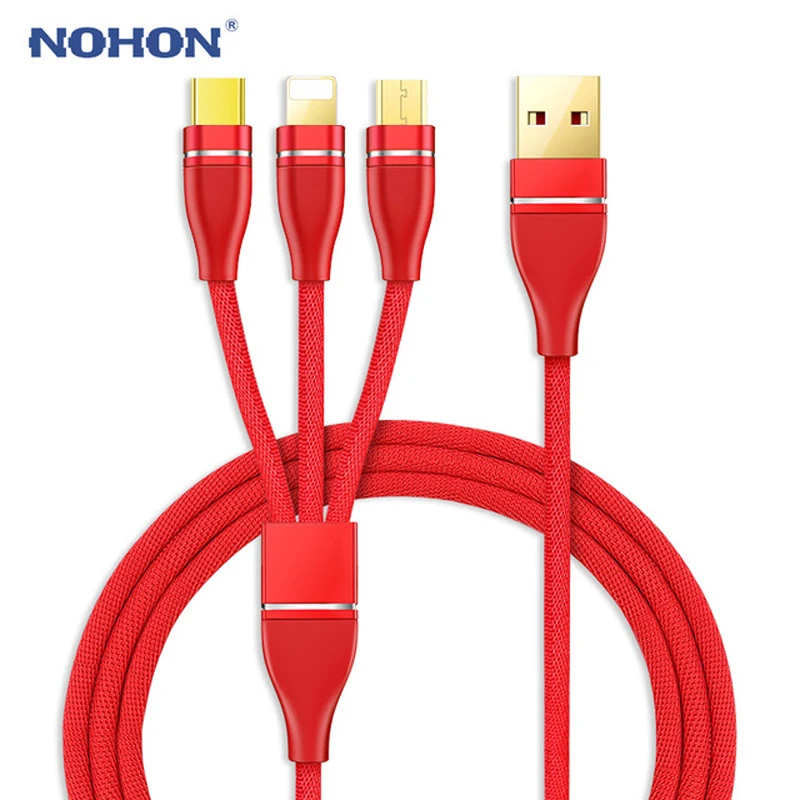 

NOHON 3in1 USB Cable Gold-Plated USB Charger Cable For iPhone 8 7 6 6S 5 Plus iOS 12 11 10 9 8 Type-C Micro Android Phone Cables