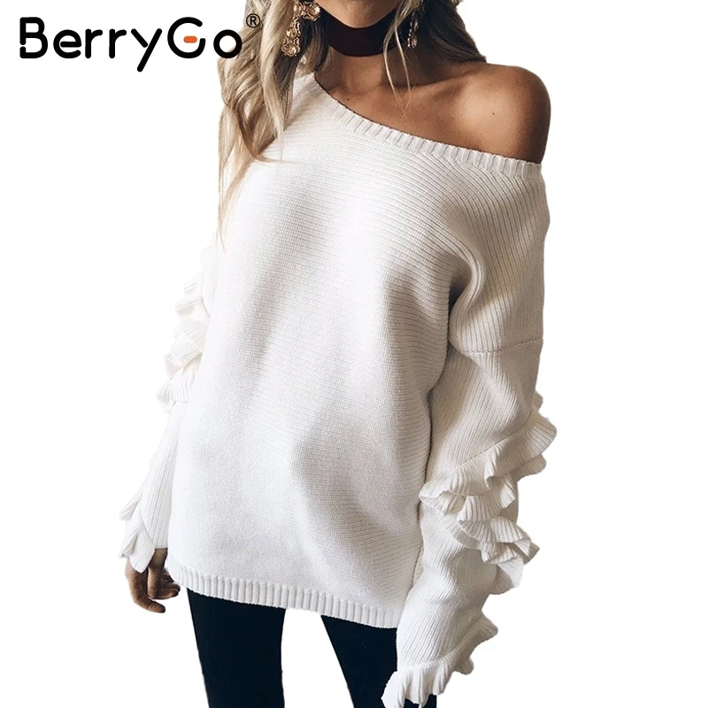 

BerryGo Ruffles flare sleeve knitted pullover Sexy one shoulder round neck sweater women Autumn winter loose streetwear jumpers