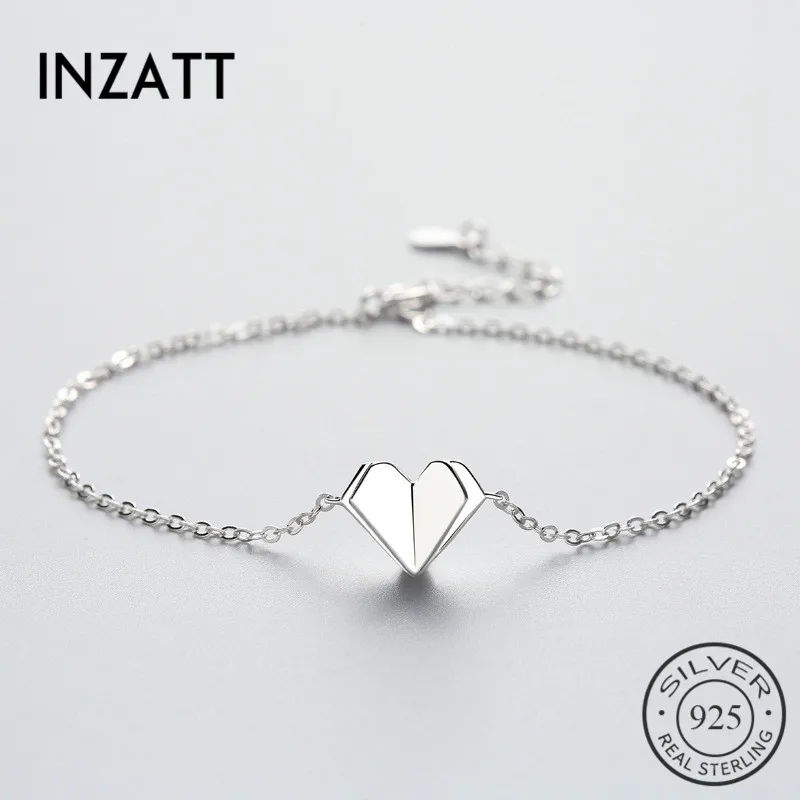 

INZATT Classic 925 Sterling Silver Fold Heart Bracelet For Women Charm Lady Summer Metal Chain Fashion Jewelry Party Gift
