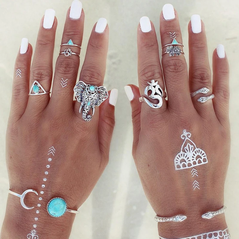 

2018 Anel Masculino Anillos Anel 8pcs/pack Boho Retro Elephant Snake Rings Stackable Midi Set Of For Women Party Free Shipping