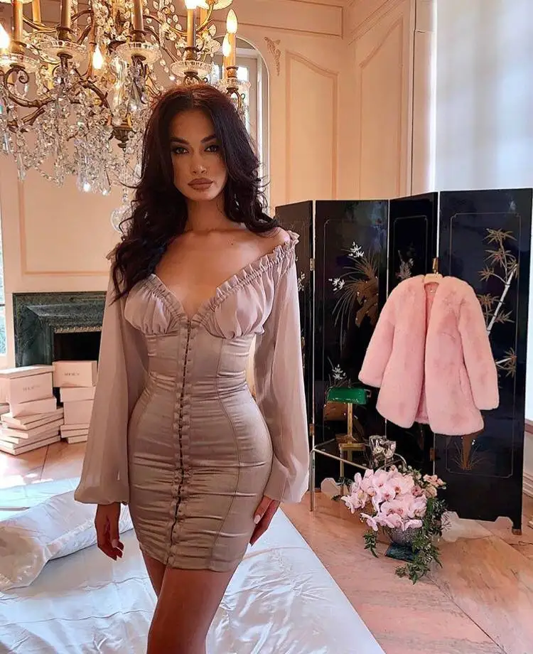 

High Quality Celebrity Nude Long Mesh Sleeve V-neck Bodycon Dress Fashion Dress