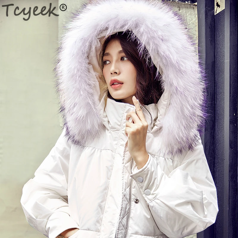 Tcyeek Зимний пуховик для женщин, 90% белый пуховик на утином пуху, Женская корейская мода, толстый теплый мех, с капюшоном, пуховик женский LWL1235