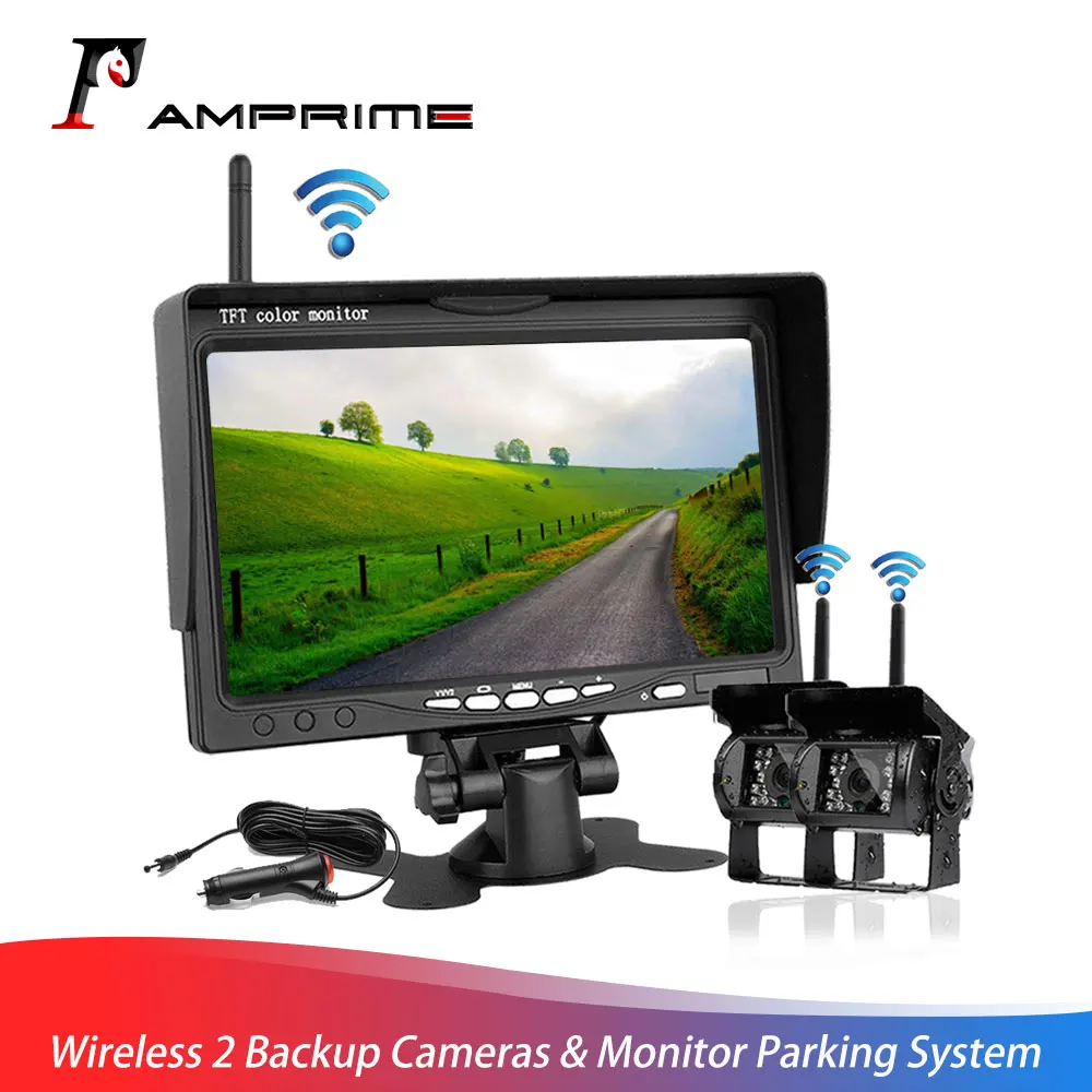 

AMprime Wireless Vehicle Truck 2 IR Backup Cameras + 7" Rearview Monitor Parking Assistance System for RV Truck Trailer Bus