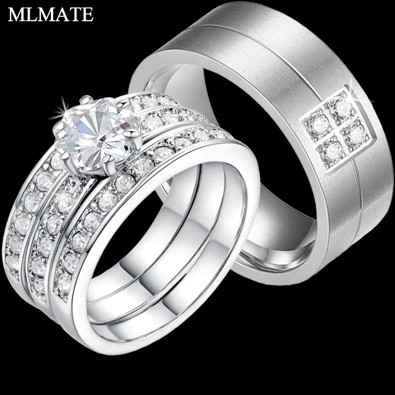 Silver Plated Crystal CZ Couple Rings Set for Men Women Lovers Jewelry Engagement Wedding Ring