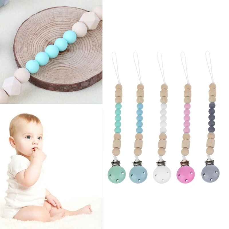 Baby Pacifier Clip Chain Holder Wood Silicone Beads Nipple Dummy Holder