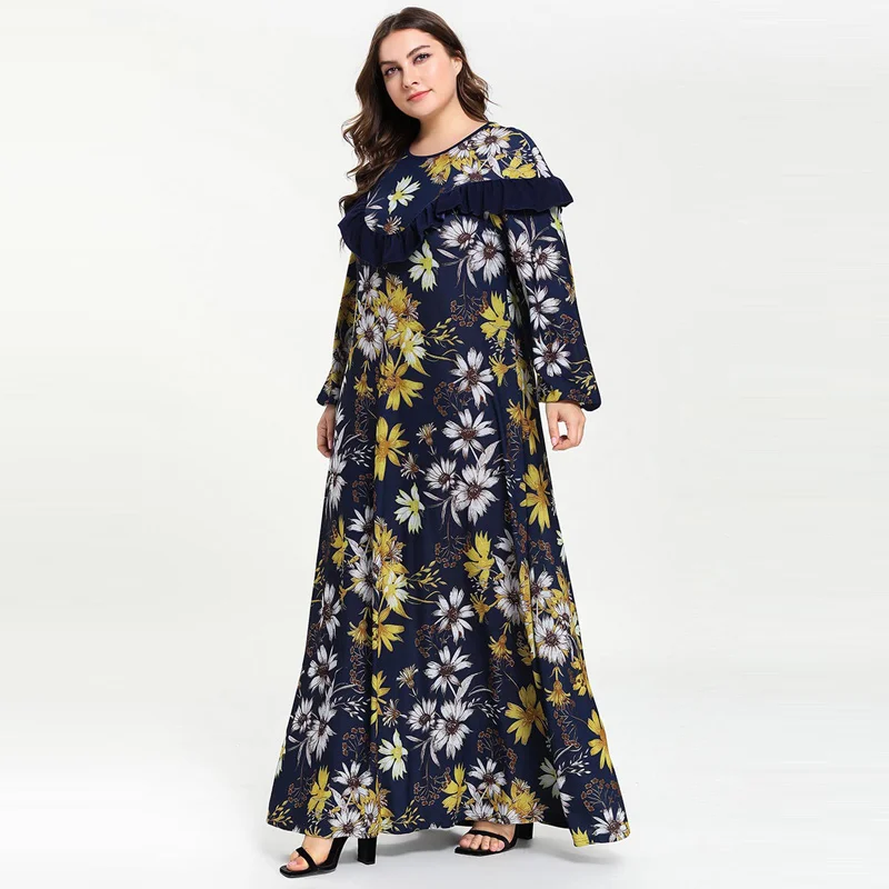 Abayas женская мусульманская одежда цветочный принт Мода оборками Макси мусульманское платье Бангладеш Кафтан Дубай, Турция халат размера плюс 4XL