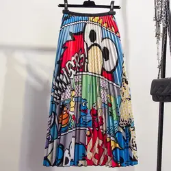 Для женщин трапециевидной формы с персонажами из мультфильмов Высокая Талия плиссированная юбка миди расцветка юбки эластичные ботинки