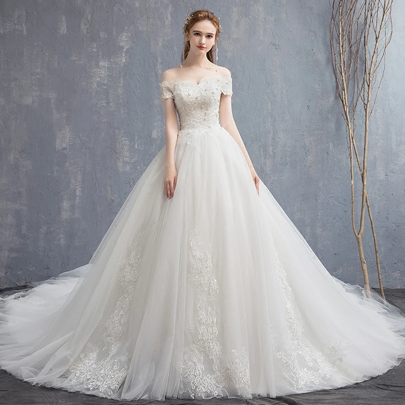 US $93.62 Sexy Boat Neck Off Shoulder Wedding Dress 2020 Vestido De Novia 120 Cm Cathedral Train Luxury Lace Appliques Pears Bridal Gowns