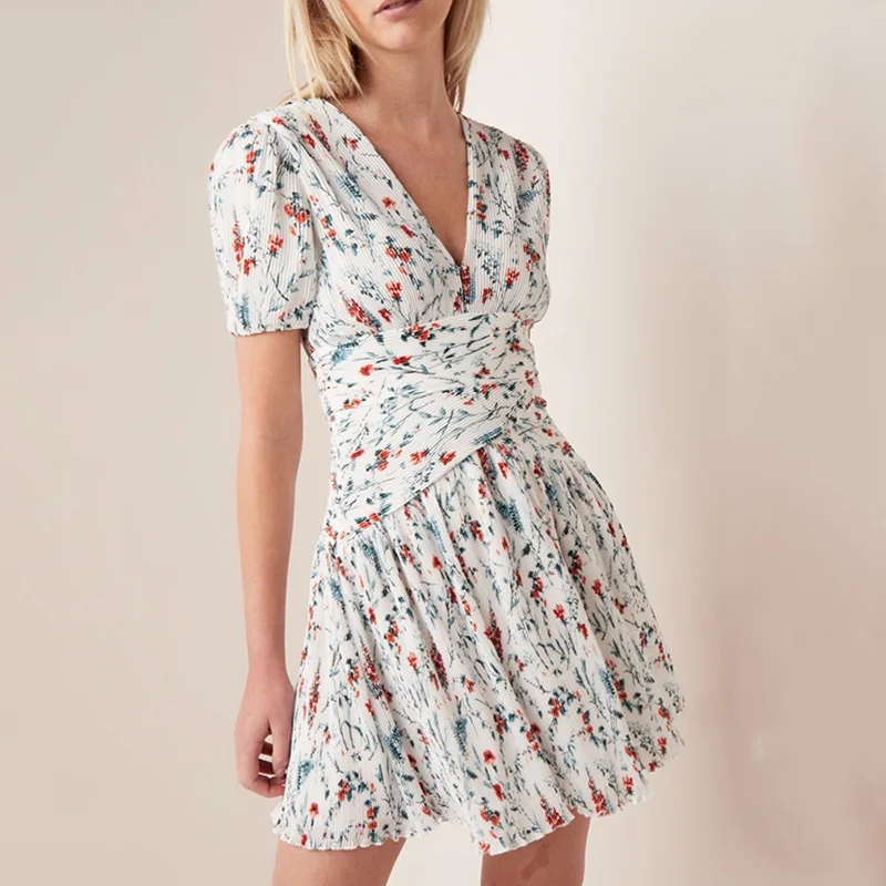 

Prairie Chic Floral Print Dress Women V Neck Short Sleeve Tunic Pleated Dress Fashion Summer Dress 2019 Holiday Robes Vestidos