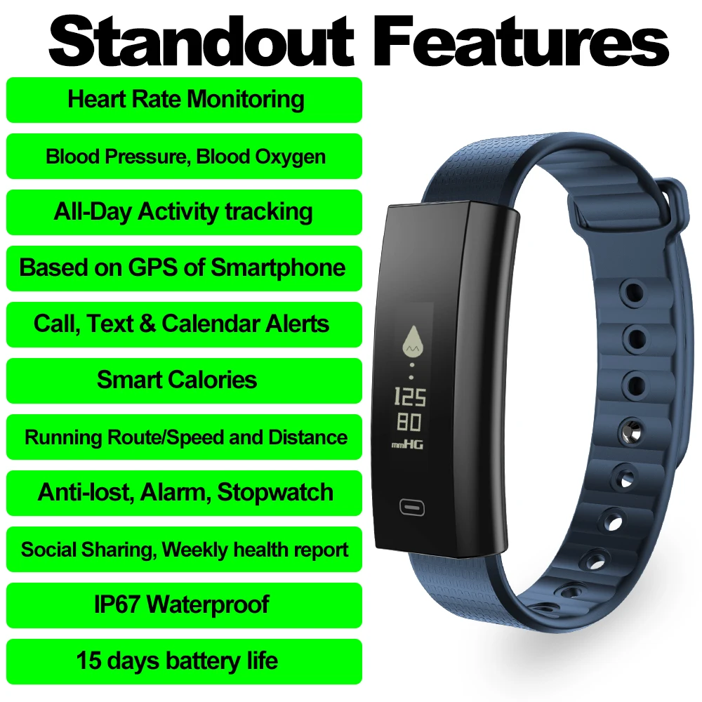 Zeblaze Arch Blood Pressure/Blood Oxygen Smart Wristband Heart Rate Monitor Weekly Health Report IP67 Fitness Bracelet