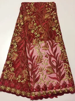 

Red Gold 2019 French Nigerian Lace Fabric High Quality African Lace Fabric Wedding African French Tulle Lace For Dress 5 Yards