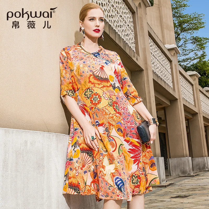 POKWAI Midi Повседневный бисерный принт женское Летнее шелковое платье 2018 Новое