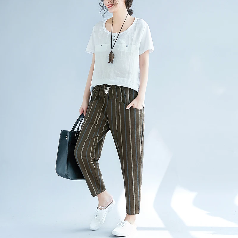 2019 Summer Cotton Linen Harem Pants Trousers Women Pockets Casual Drawstring Elastic High Waist Pants Vintage Pantalon Femme   4