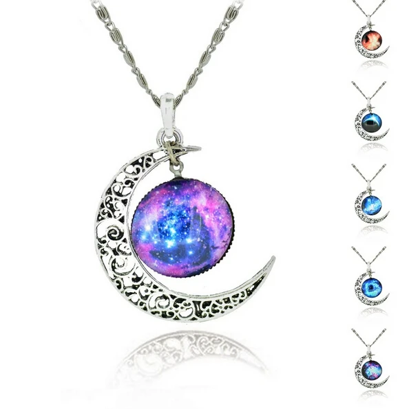 Moon Image Choker Necklace Fashion Jewelry Glass Galaxy Lovely Pendant