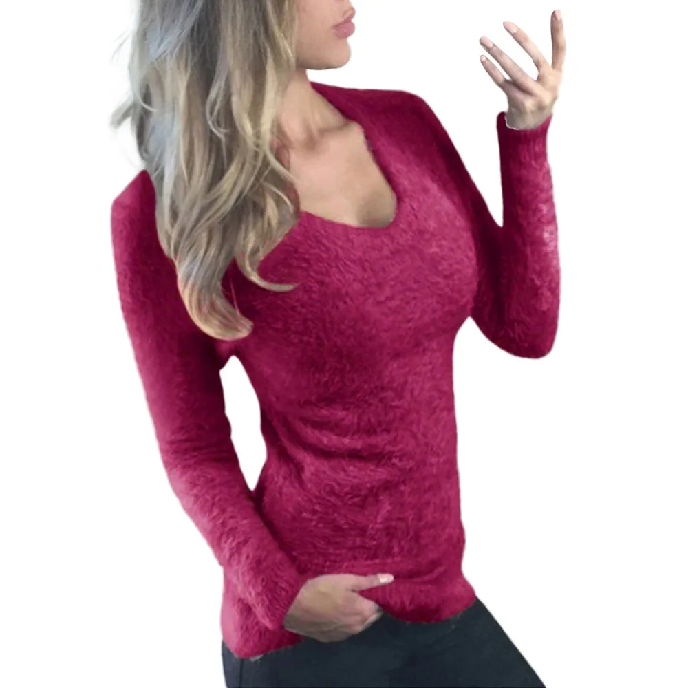 Autumn Women lady V-neck Slim Sweater Shirt Casual Warm High Elastic Long Sleeve Tops and Blouse Slim Fit Sweaters - Color: Wine