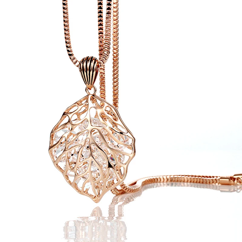 

Ajojewel Rose Gold/Black Gun/Silver Color Leaf Crystal Necklaces Fashion Sweater Coat Necklaces Ladies Girls Special Gift