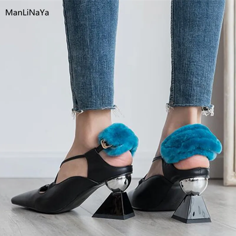 

Strange Style Triangle Heel Women Pumps Elastic Band Fur Pointed Toe Femal High Heels Cross-tied Strapes Women Shoes Slingbacks