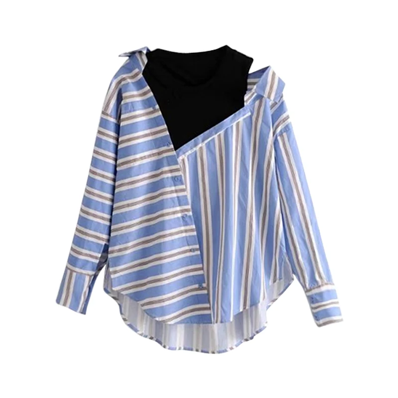 

2019 Women's Spring new loose thin asymmetrical off-the-shoulder shirt bee embroidery fake two-piece striped shirt