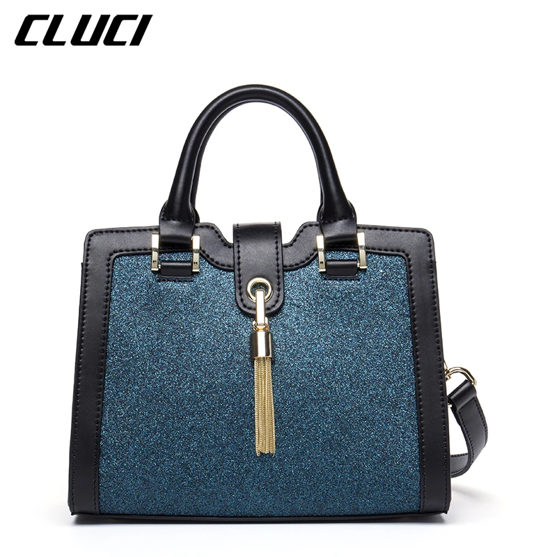 CLUCI Women's Handbag Shoulder Bag PU Fashion Black Panelled Tassel Top