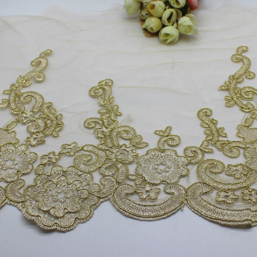 Wedding Lace Fabrics Champagne Gold Bridal Lace Appliqued Scalloped Beaded 3D Flower Embroidered
