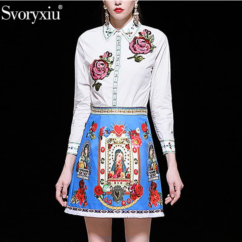 Svoryxiu Fashion Runway Zomer Borduren Rok Pak vrouwen Lovertjes Rose Witte Blouse + Kwastje Rokken Gedrukt Tweedelige Set Svoryxiu Fashion Runway Zomer Borduren Rok Pak vrouwen Lovertjes Rose Witte Blouse + Kwastje Rokken Gedrukt Tweedelige Set