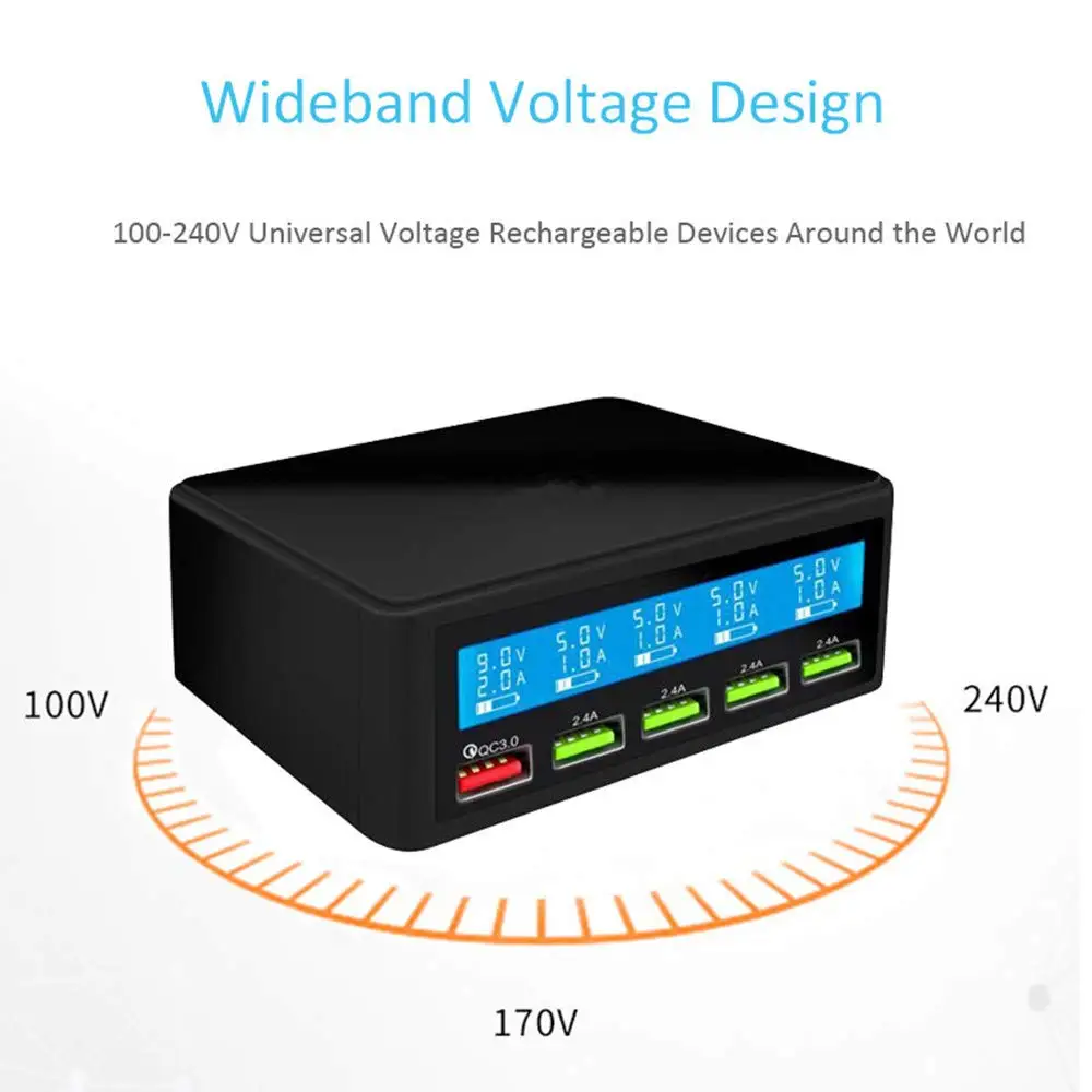 Многопортовое зарядное устройство 5 USB 5V8A Быстрая зарядка 3,0 ЖК-дисплей для iPhone iPad samsung huawei Xiaomi Nexus LG источник питания