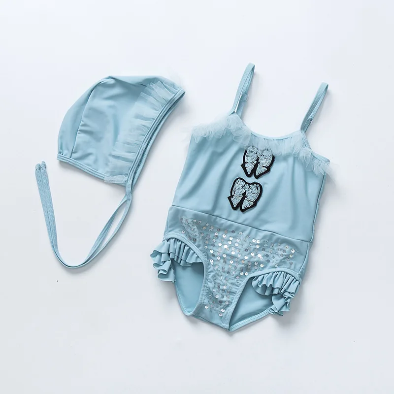 Ins/красивый блестящий купальник для маленьких девочек, для детей, с оборками, цельный Блестящий кружевной купальник с бантиками, купальный костюм+ шапочка, 12 мес