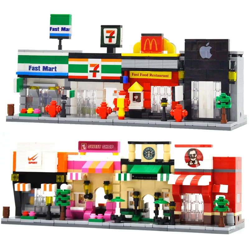 

HSANHE Mini Scene Blocks Fast Food Shop Retail Store Architectures City Street Educational Building Block Sets Model Bricks Toys