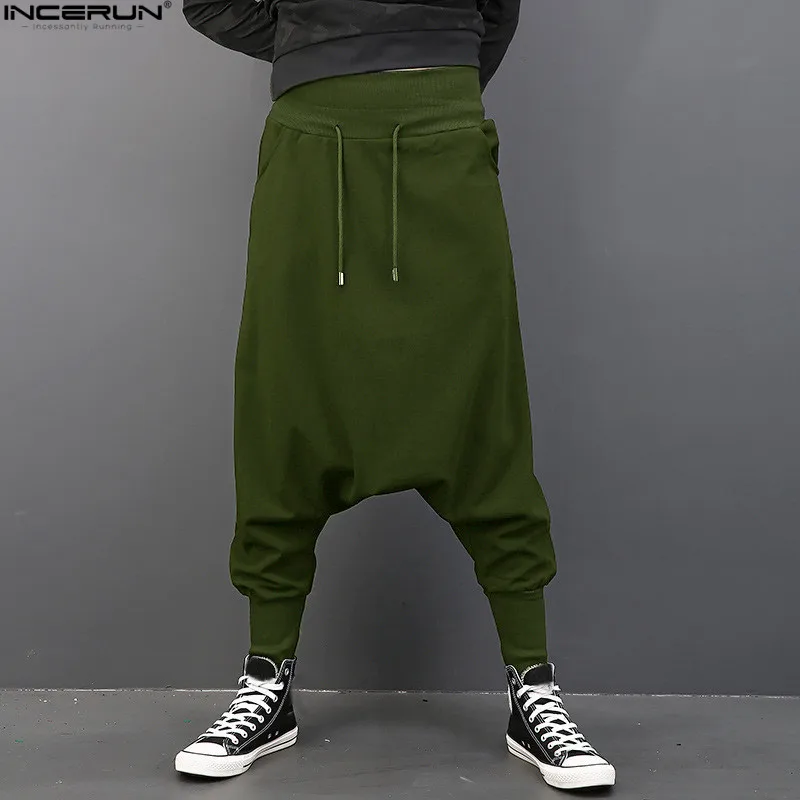 INCERUN, Модные шаровары, Мужские штаны с эластичной талией, мешковатые брюки с заниженным шаговым швом, брюки для хип-хопа, Мужские Танцевальные тренировочные брюки, уличная одежда - Цвет: Army Green